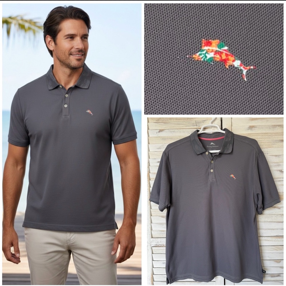 Tommy Bahama Polo Shirt Men Gray  IslandZone Floral Collar